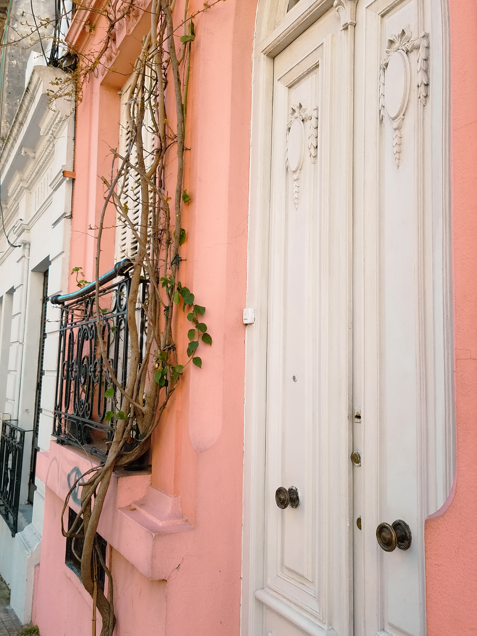 pink building with white door in South America