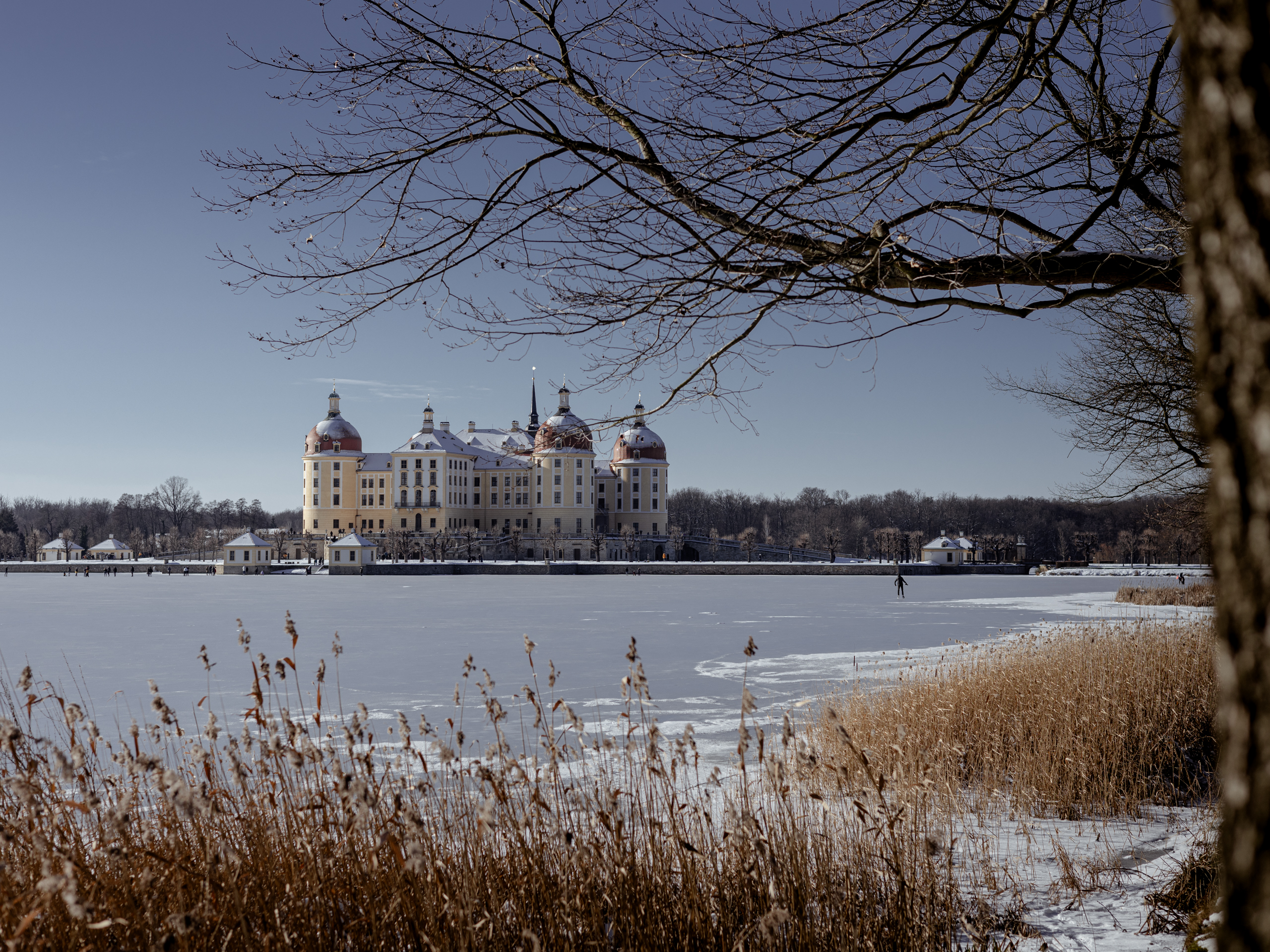 schloss moritzburg in winter surrounded by a large frozen pond